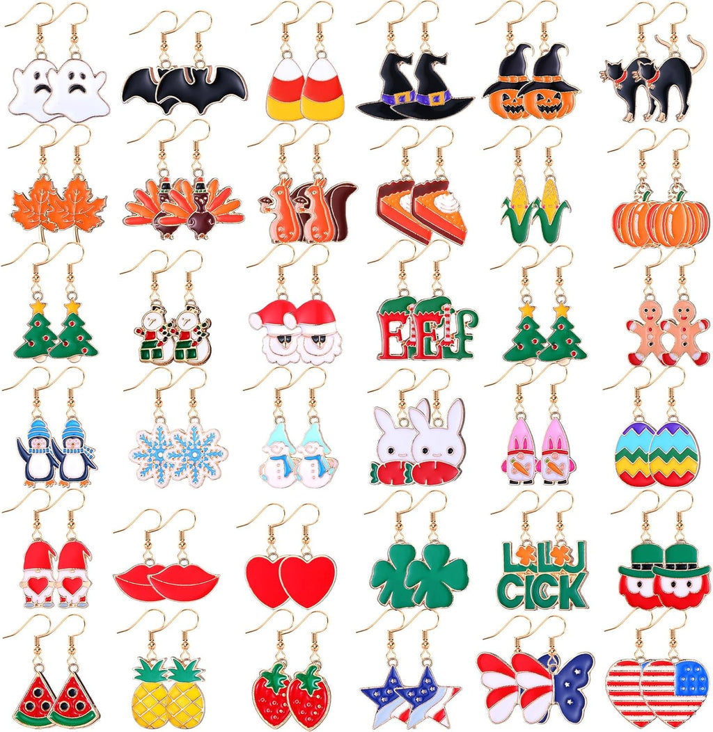 36 Pairs Holiday Earrings Variety Pack Halloween Christmas Fall Thanksgiving Gifts for Women Teacher Party Favors - QIAO Crystal我的商店QIAO Crystal
