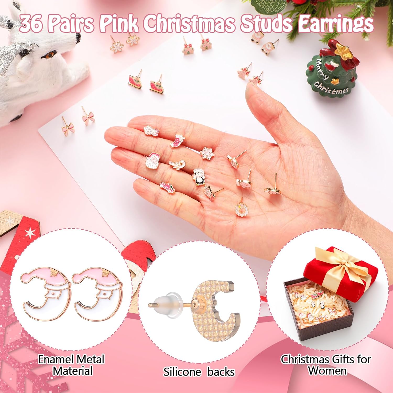 36 Pairs Pink Christmas Earrings Bulk for Women Funny Weird Dangle Drop Earrings Studs Cute Xmas Gifts Jewelry Sets - 我的商店我的商店我的商店