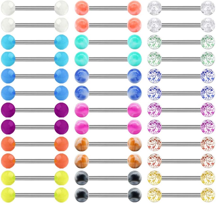 36Pcs Stainless Steel Nipple Rings Tongue Rings Straight Barbell Bars Piercing 14mm 16mm 18mm in Length for Women Men - QIAO CrystalQIAO CrystalQIAO Crystal