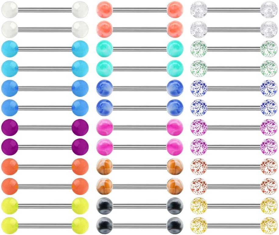 36Pcs Stainless Steel Nipple Rings Tongue Rings Straight Barbell Bars Piercing 14mm 16mm 18mm in Length for Women Men - QIAO CrystalQIAO CrystalQIAO Crystal