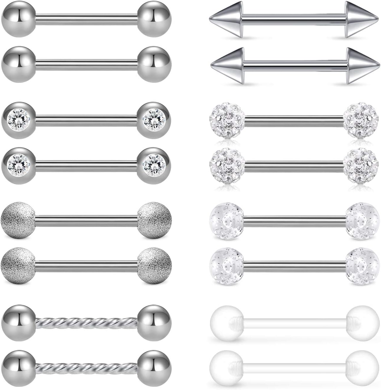 36Pcs Stainless Steel Nipple Rings Tongue Rings Straight Barbell Bars Piercing 14mm 16mm 18mm in Length for Women Men - QIAO CrystalQIAO CrystalQIAO Crystal
