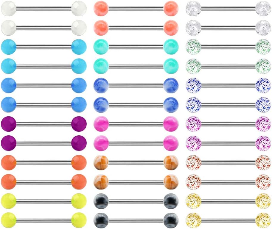 36Pcs Stainless Steel Nipple Rings Tongue Rings Straight Barbell Bars Piercing 14mm 16mm 18mm in Length for Women Men - QIAO CrystalQIAO CrystalQIAO Crystal