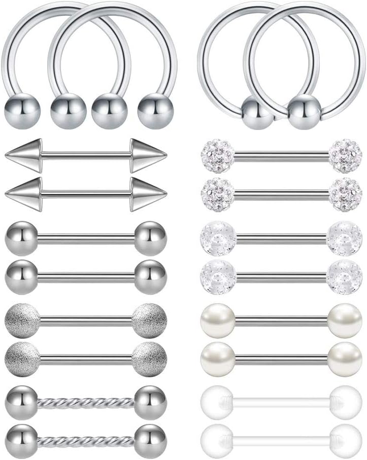 36Pcs Stainless Steel Nipple Rings Tongue Rings Straight Barbell Bars Piercing 14mm 16mm 18mm in Length for Women Men - QIAO CrystalQIAO CrystalQIAO Crystal