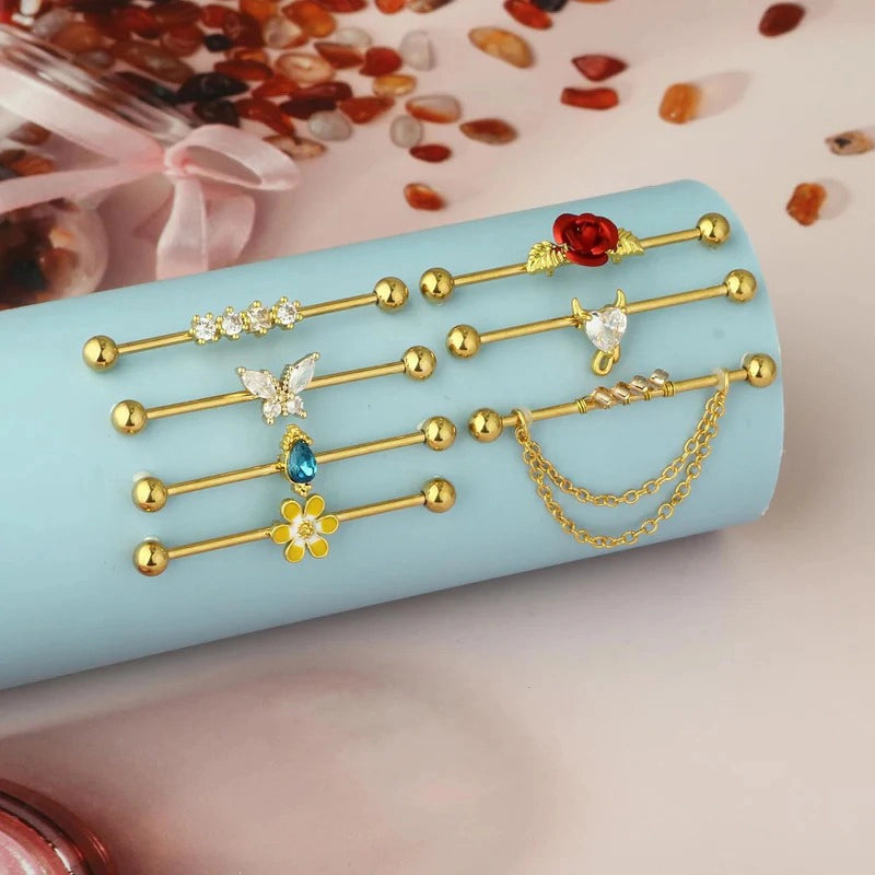 9pcs Gold Industrial 38mm Stainless Steel 14G Industrial Barbell Earrings Ear Cartilage Helix-Conch