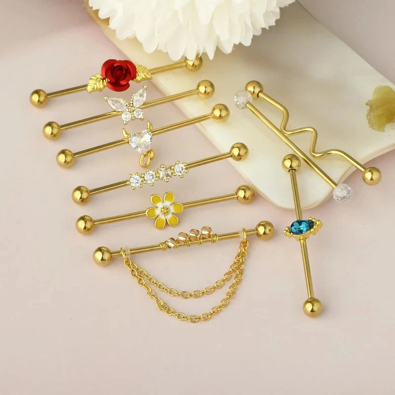 9pcs Gold Industrial 38mm Stainless Steel 14G Industrial Barbell Earrings Ear Cartilage Helix-Conch