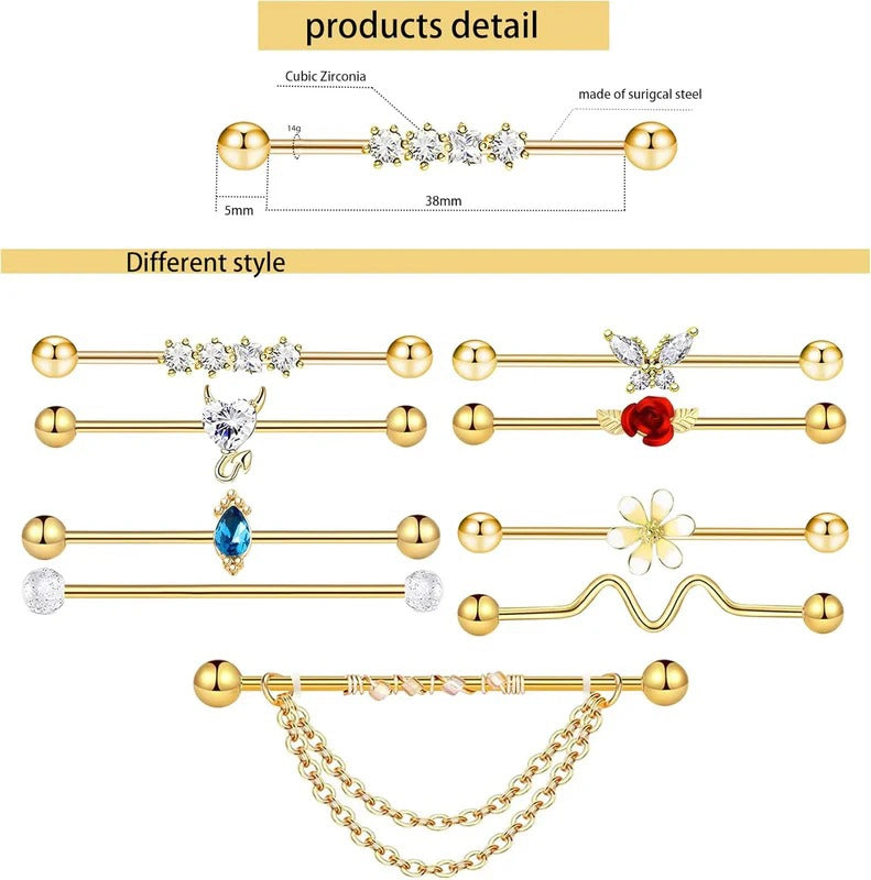 9pcs Gold Industrial 38mm Stainless Steel 14G Industrial Barbell Earrings Ear Cartilage Helix-Conch