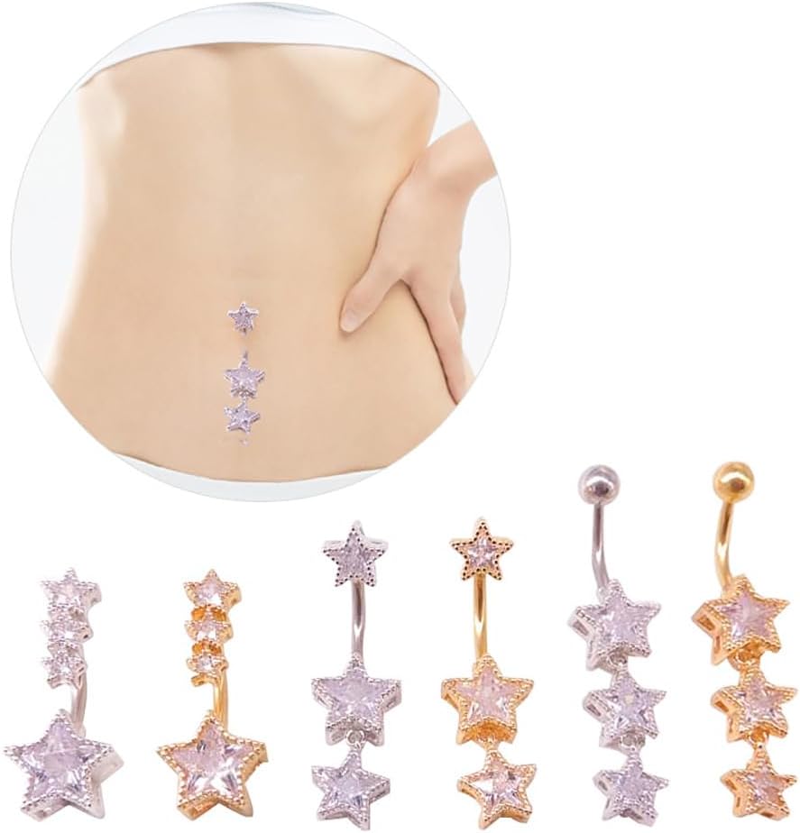 3Pcs 14G Stainless Steel Dangle Zirconia Heart Star Round Belly Navel Barbell Rings Belly - QIAO CrystalQIAO CrystalQIAO Crystal