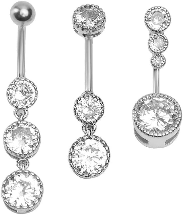 3Pcs 14G Stainless Steel Dangle Zirconia Heart Star Round Belly Navel Barbell Rings Belly - QIAO CrystalQIAO CrystalQIAO Crystal