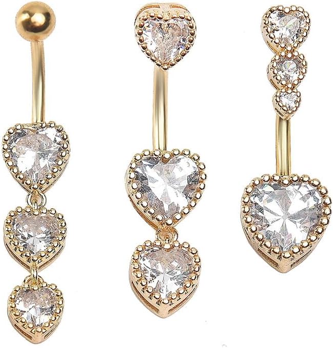 3Pcs 14G Stainless Steel Dangle Zirconia Heart Star Round Belly Navel Barbell Rings Belly - QIAO CrystalQIAO CrystalQIAO Crystal