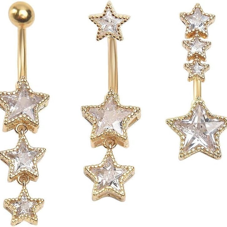 3Pcs 14G Stainless Steel Dangle Zirconia Heart Star Round Belly Navel Barbell Rings Belly - QIAO CrystalQIAO CrystalQIAO Crystal