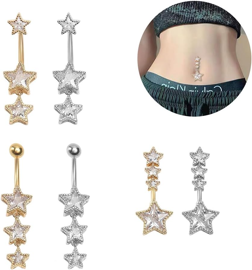 3Pcs 14G Stainless Steel Dangle Zirconia Heart Star Round Belly Navel Barbell Rings Belly - QIAO CrystalQIAO CrystalQIAO Crystal
