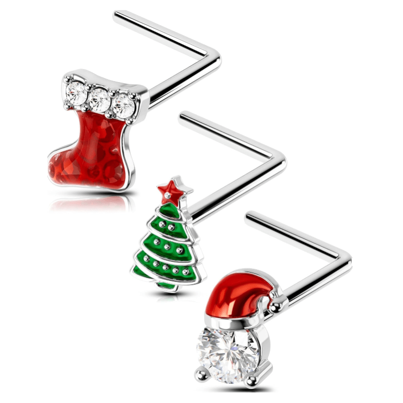 3PCS 20G Halloween Nose Studs – L - Shaped 7MM Surgical Steel Piercing Jewelry with Spider, Bat, Ghost & Christmas Santa, Tree & Gift Christmas, Moon & Star Themes - QIAO Crystal我的商店QIAO Crystal