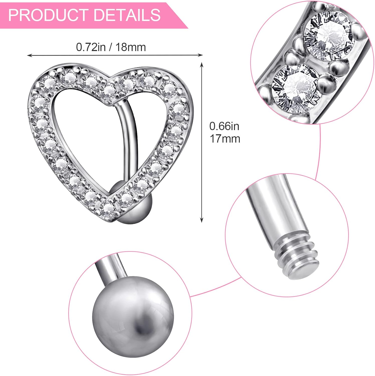 3Pcs Heart Belly Button Rings, Hypoallergenic Surgical Steel Belly Rings, 14G Pave CZ Crystal Rhinestone Reverse Hinged Top Down Belly Button Rings for Woman - 我的商店我的商店我的商店