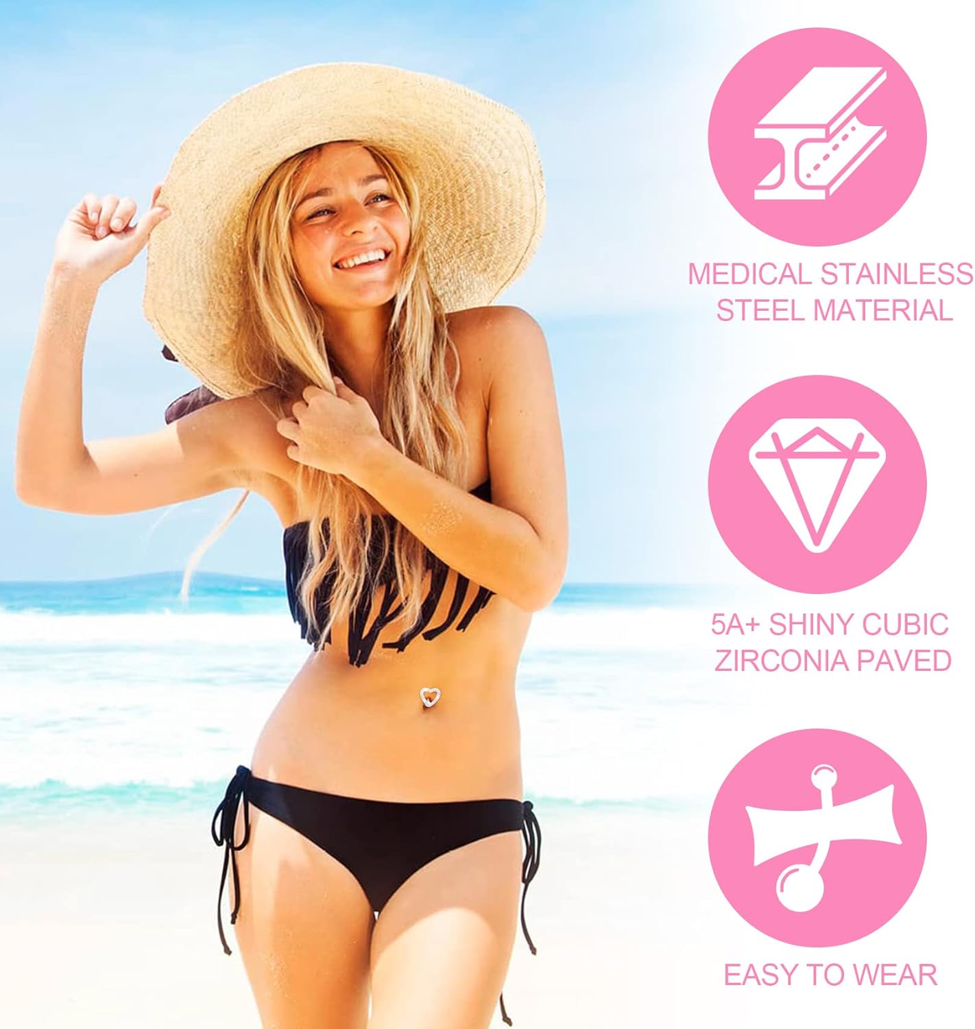 3Pcs Heart Belly Button Rings, Hypoallergenic Surgical Steel Belly Rings, 14G Pave CZ Crystal Rhinestone Reverse Hinged Top Down Belly Button Rings for Woman - 我的商店我的商店我的商店