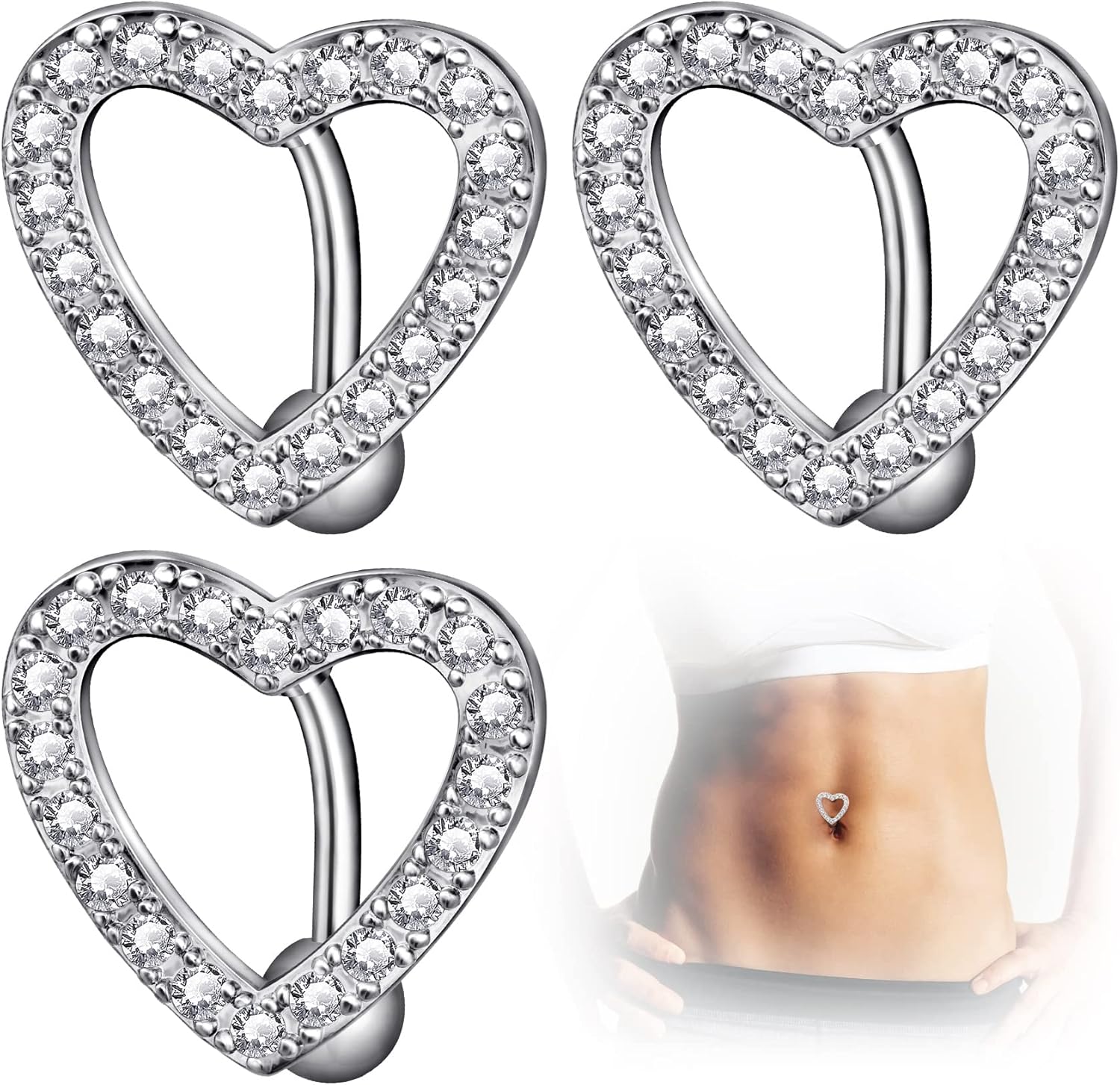 3Pcs Heart Belly Button Rings, Hypoallergenic Surgical Steel Belly Rings, 14G Pave CZ Crystal Rhinestone Reverse Hinged Top Down Belly Button Rings for Woman - 我的商店我的商店我的商店