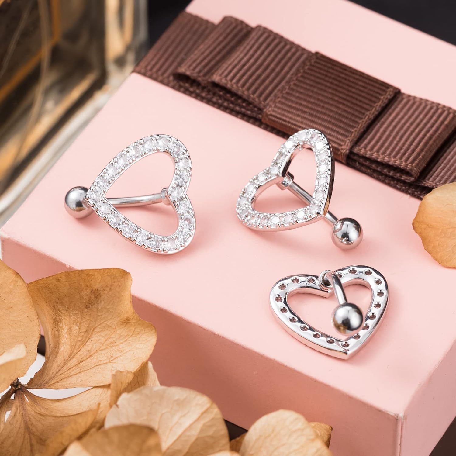 3Pcs Heart Belly Button Rings, Hypoallergenic Surgical Steel Belly Rings, 14G Pave CZ Crystal Rhinestone Reverse Hinged Top Down Belly Button Rings for Woman - 我的商店我的商店我的商店