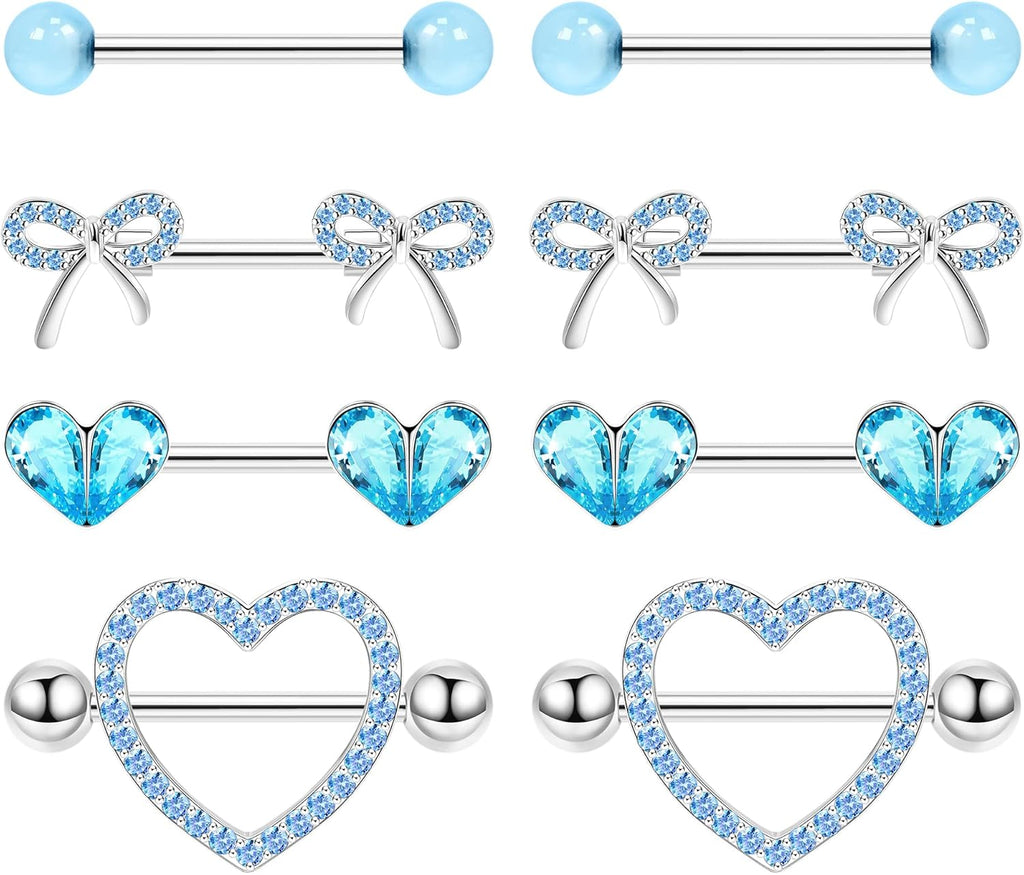 4 Pairs 14G G23 Titanium Nipple Rings for Women Heart Nipple Barbell Tongue Rings CZ Nipple Ring Set Cute Bow Nipplerings Piercing Jewelry - QIAO CrystalQIAO CrystalQIAO Crystal