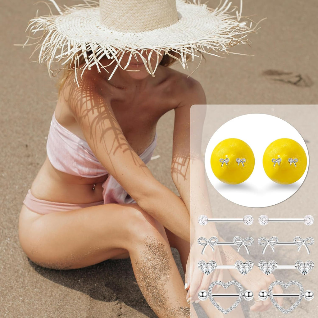 4 Pairs 14G G23 Titanium Nipple Rings for Women Heart Nipple Barbell Tongue Rings CZ Nipple Ring Set Cute Bow Nipplerings Piercing Jewelry - QIAO CrystalQIAO CrystalQIAO Crystal