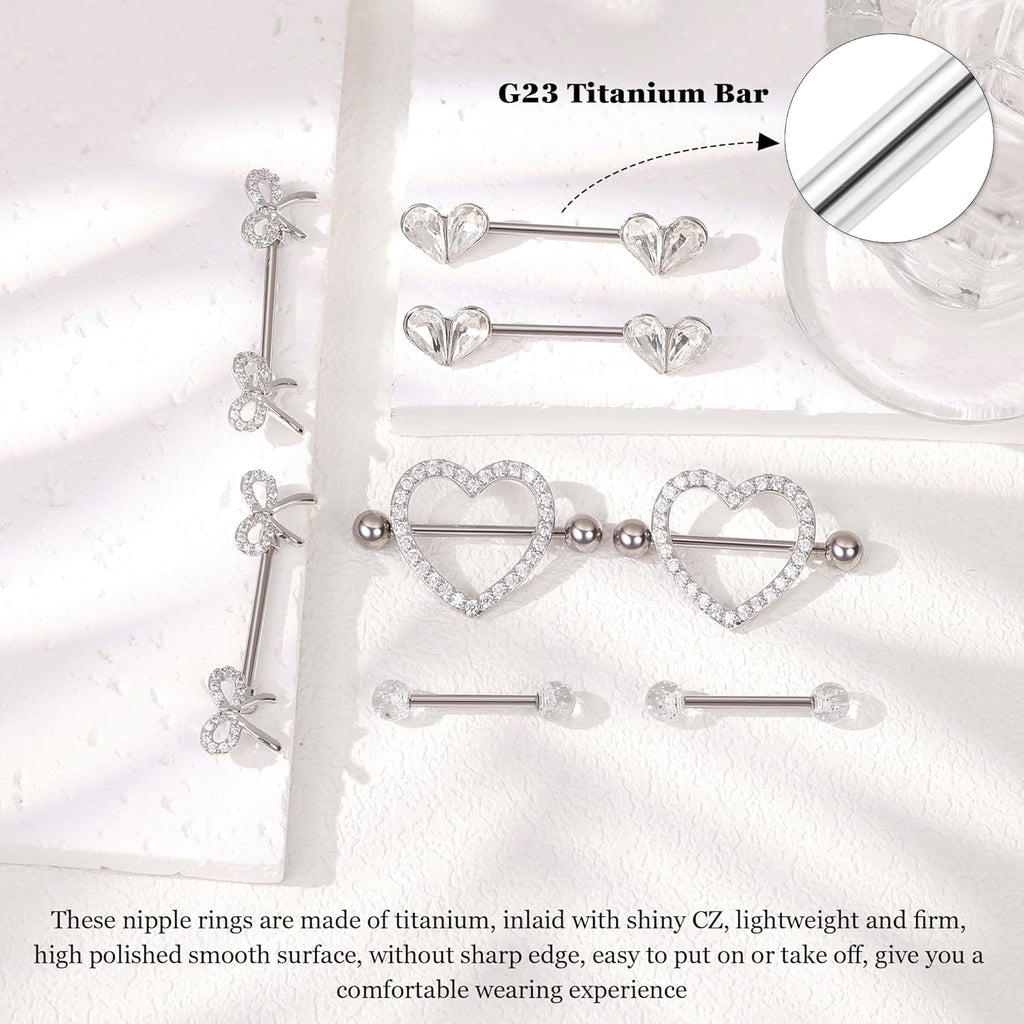 4 Pairs 14G G23 Titanium Nipple Rings for Women Heart Nipple Barbell Tongue Rings CZ Nipple Ring Set Cute Bow Nipplerings Piercing Jewelry - QIAO CrystalQIAO CrystalQIAO Crystal