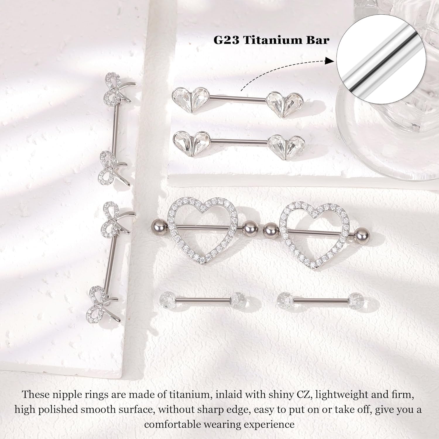 4 Pairs 14G G23 Titanium Nipple Rings for Women Heart Nipple Barbell Tongue Rings CZ Nipple Ring Set Cute Bow Nipplerings Piercing Jewelry - QIAO CrystalQIAO CrystalQIAO Crystal