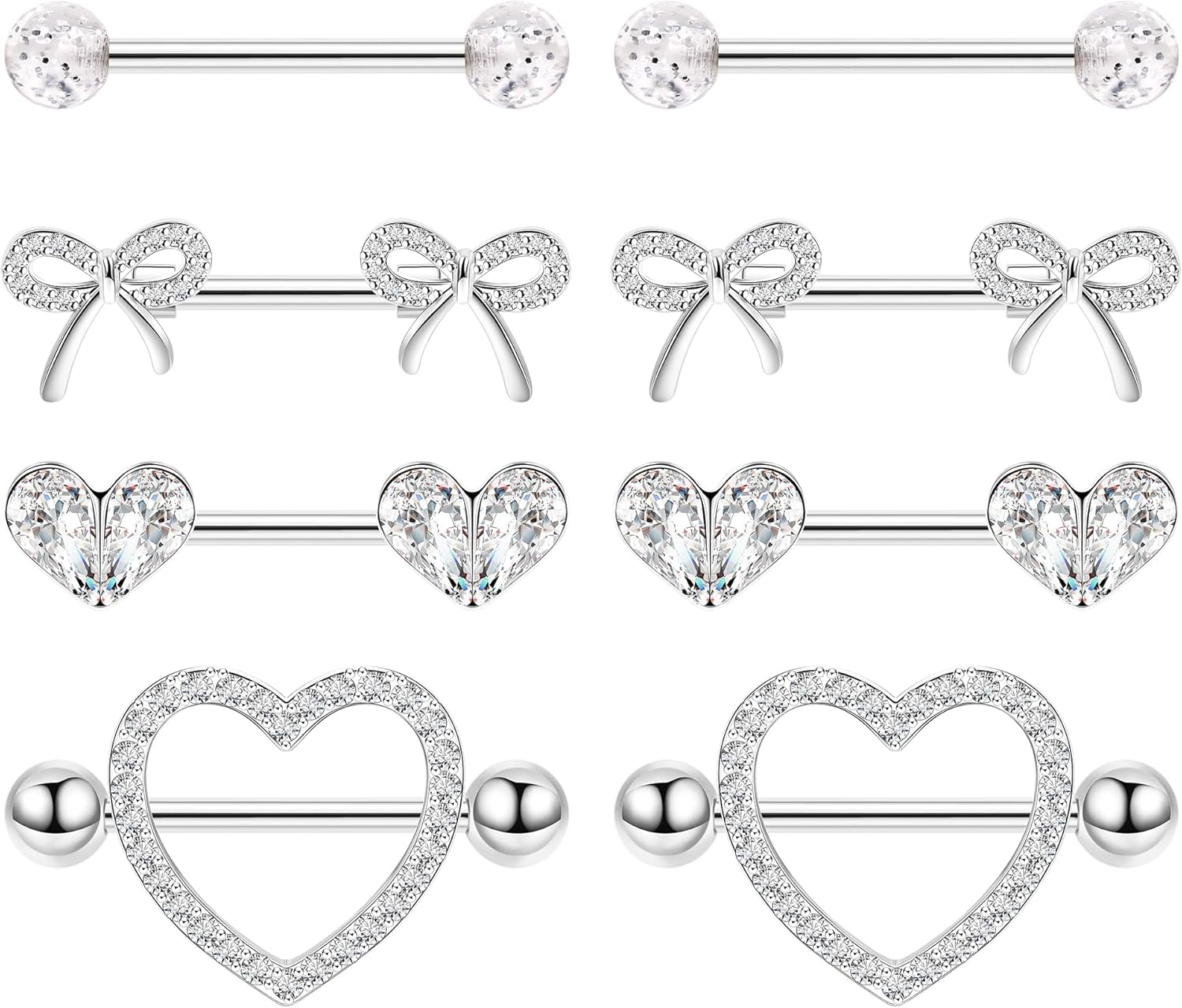 4 Pairs 14G G23 Titanium Nipple Rings for Women Heart Nipple Barbell Tongue Rings CZ Nipple Ring Set Cute Bow Nipplerings Piercing Jewelry - QIAO CrystalQIAO CrystalQIAO Crystal