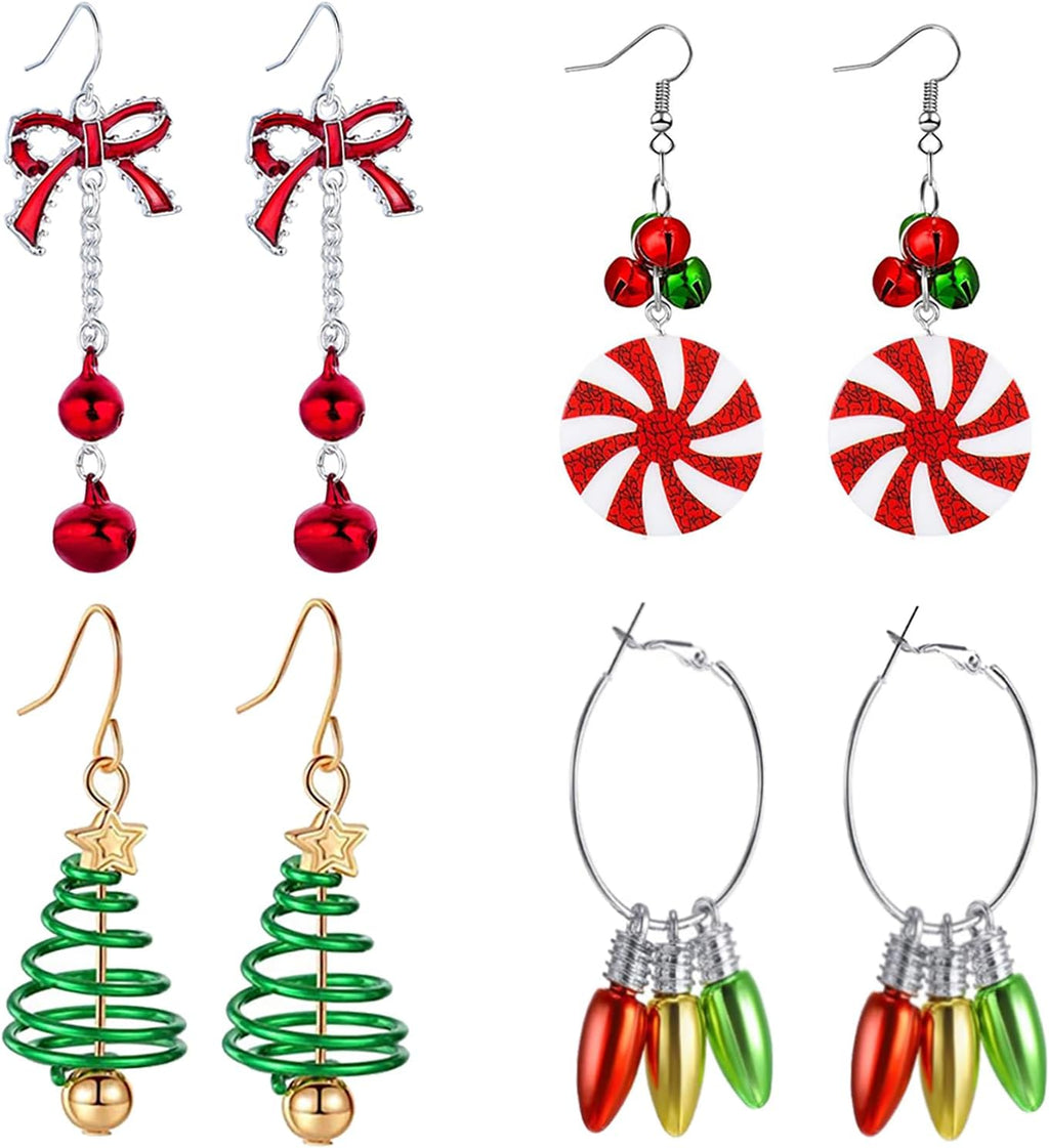 4 Pairs Christmas Earrings Set Dangle for Women Holiday Earrings Bulk Christmas Earrings Christmas Bells Santa Deer Car Earrings Christmas Prom Jewelry Christmas Accessories - 我的商店我的商店我的商店