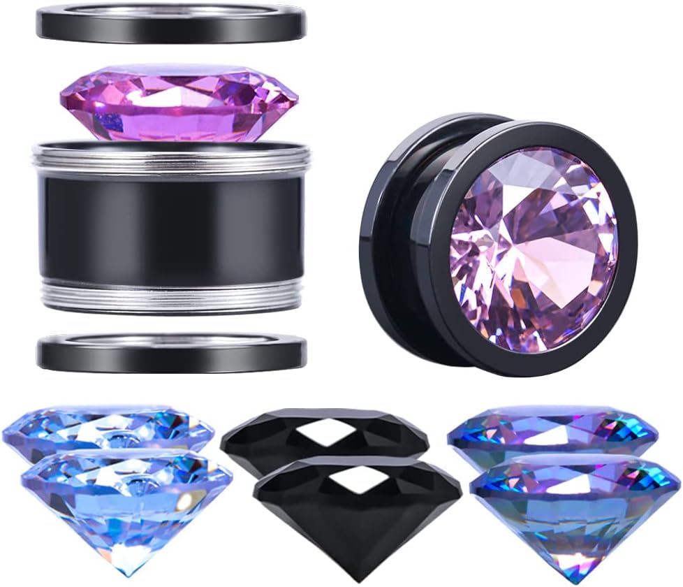 4 Pairs Color Zircons and 1 Pair Stainless Steel Ear Tunnel Ear Gauges Stretching Screw Fit - QIAO CrystalQIAO CrystalQIAO Crystal