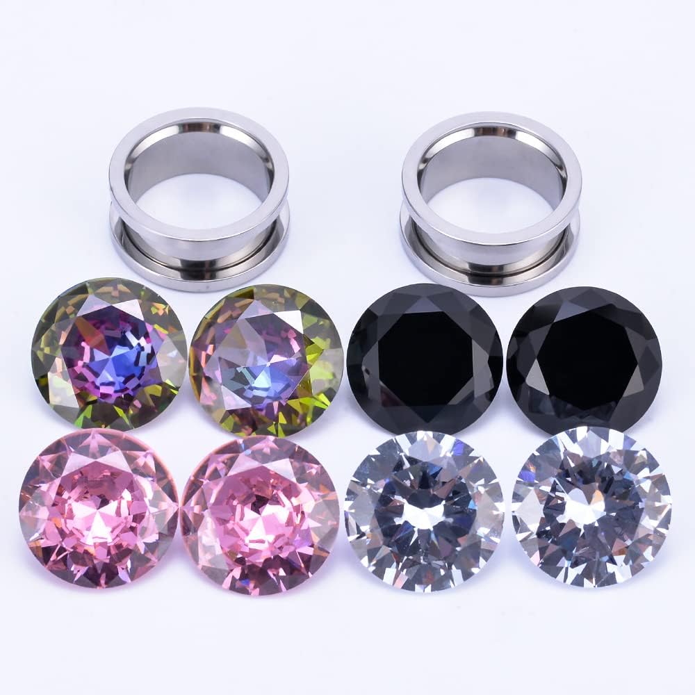 4 Pairs Color Zircons and 1 Pair Stainless Steel Ear Tunnel Ear Gauges Stretching Screw Fit - QIAO CrystalQIAO CrystalQIAO Crystal