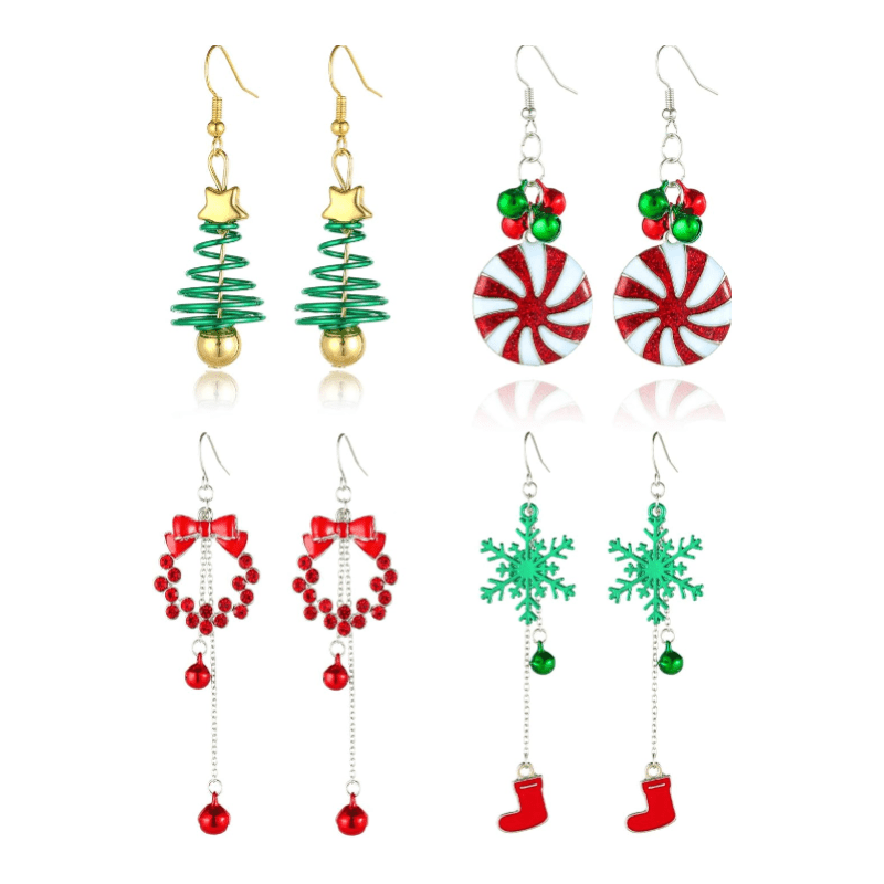 4 Pairs Dangle Earrings for Women - Christmas Tree Jingle Bell Snowflake Garland - QIAO Crystal我的商店QIAO Crystal