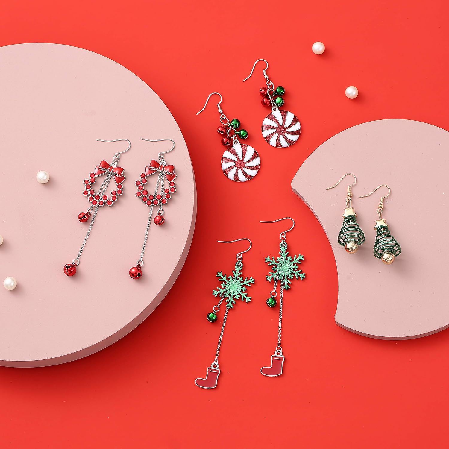 4 Pairs Dangle Earrings for Women - Christmas Tree Jingle Bell Snowflake Garland Earrings Gifts Set for Holiday Party Decorations - 我的商店我的商店我的商店