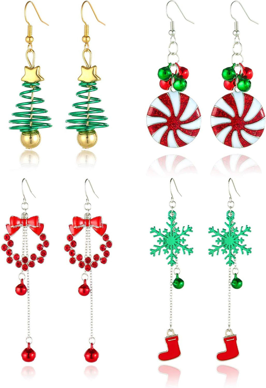 4 Pairs Dangle Earrings for Women - Christmas Tree Jingle Bell Snowflake Garland Earrings Gifts Set for Holiday Party Decorations - 我的商店我的商店我的商店