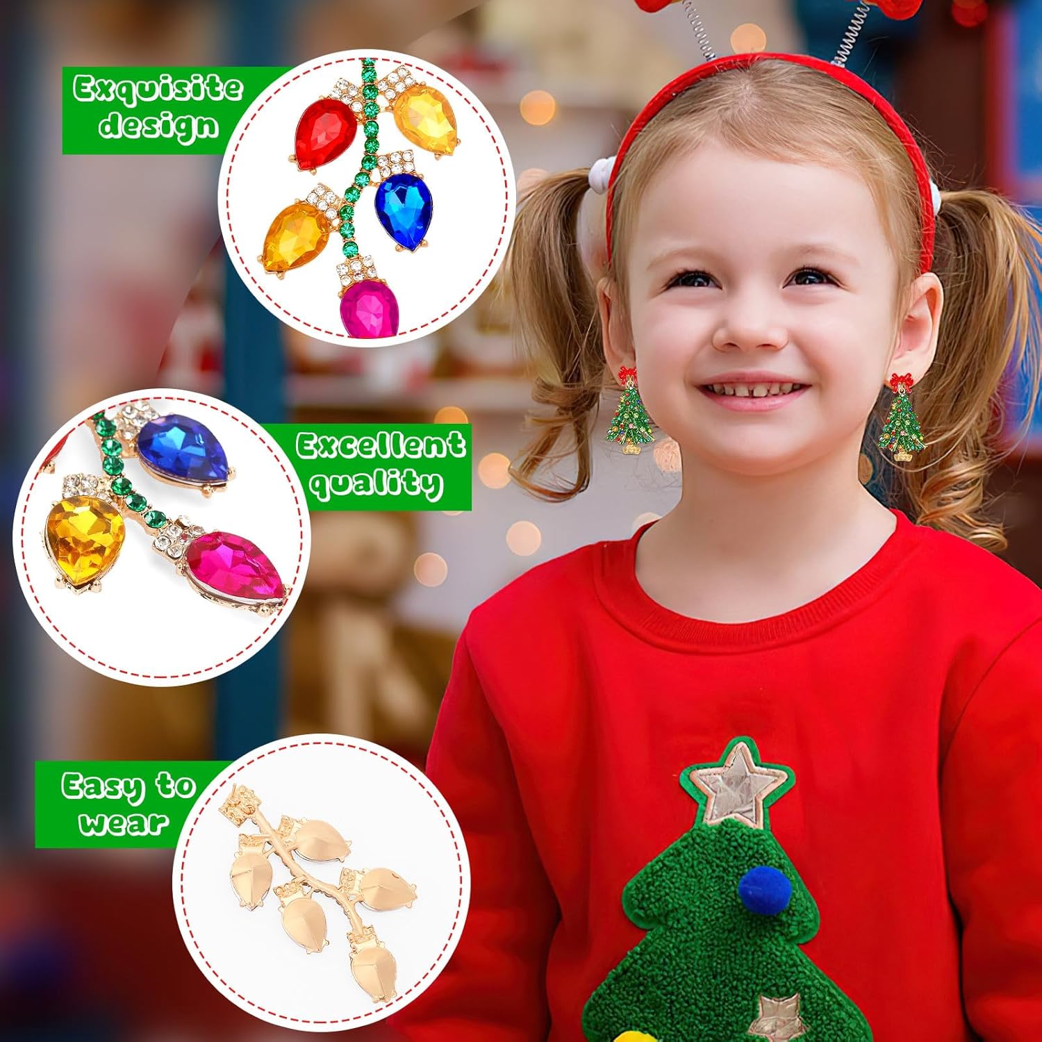 4 Pairs Sparkly Crystal Stud Earrings - Beaded Christmas Tree & Reindeer Drop Dangle Set for Party - QIAO Crystal我的商店QIAO Crystal