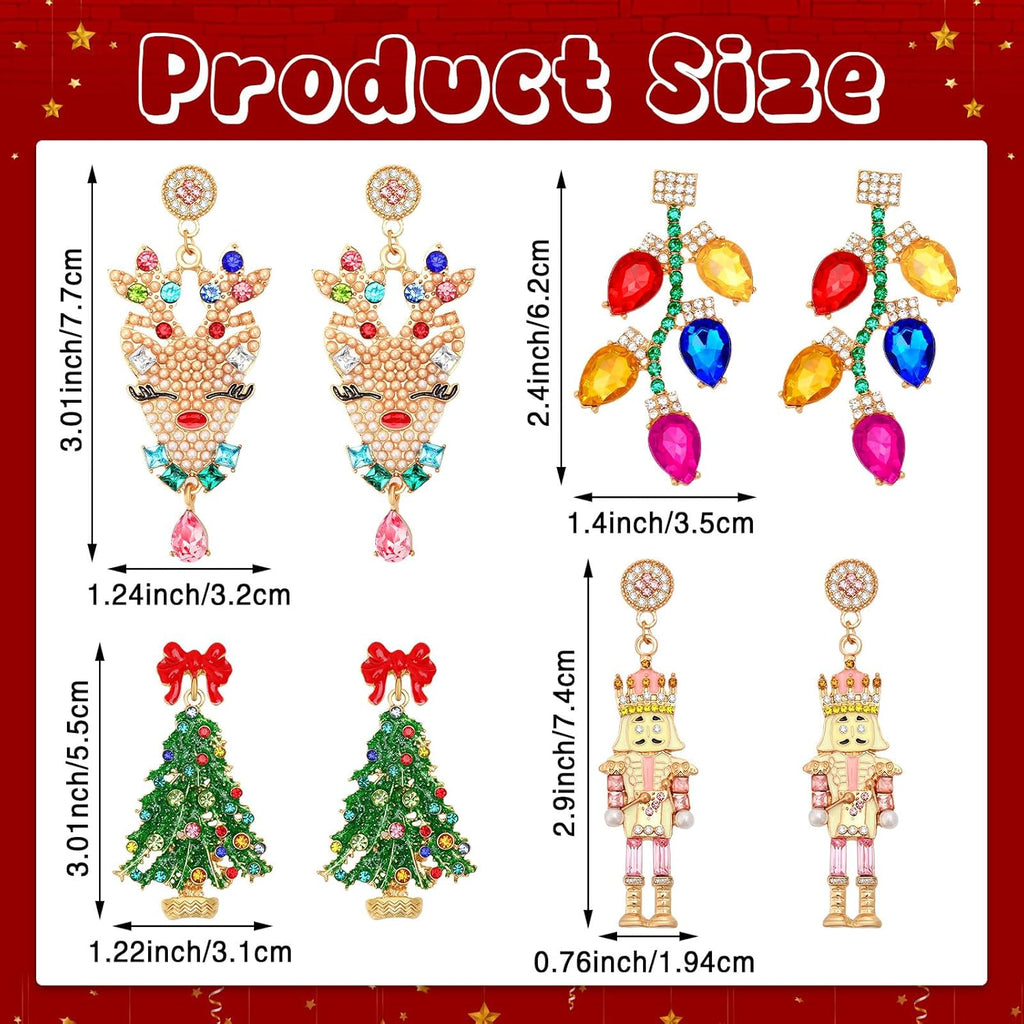 4 Pairs Sparkly Crystal Stud Earrings - Beaded Christmas Tree & Reindeer Drop Dangle Set for Party - QIAO Crystal我的商店QIAO Crystal