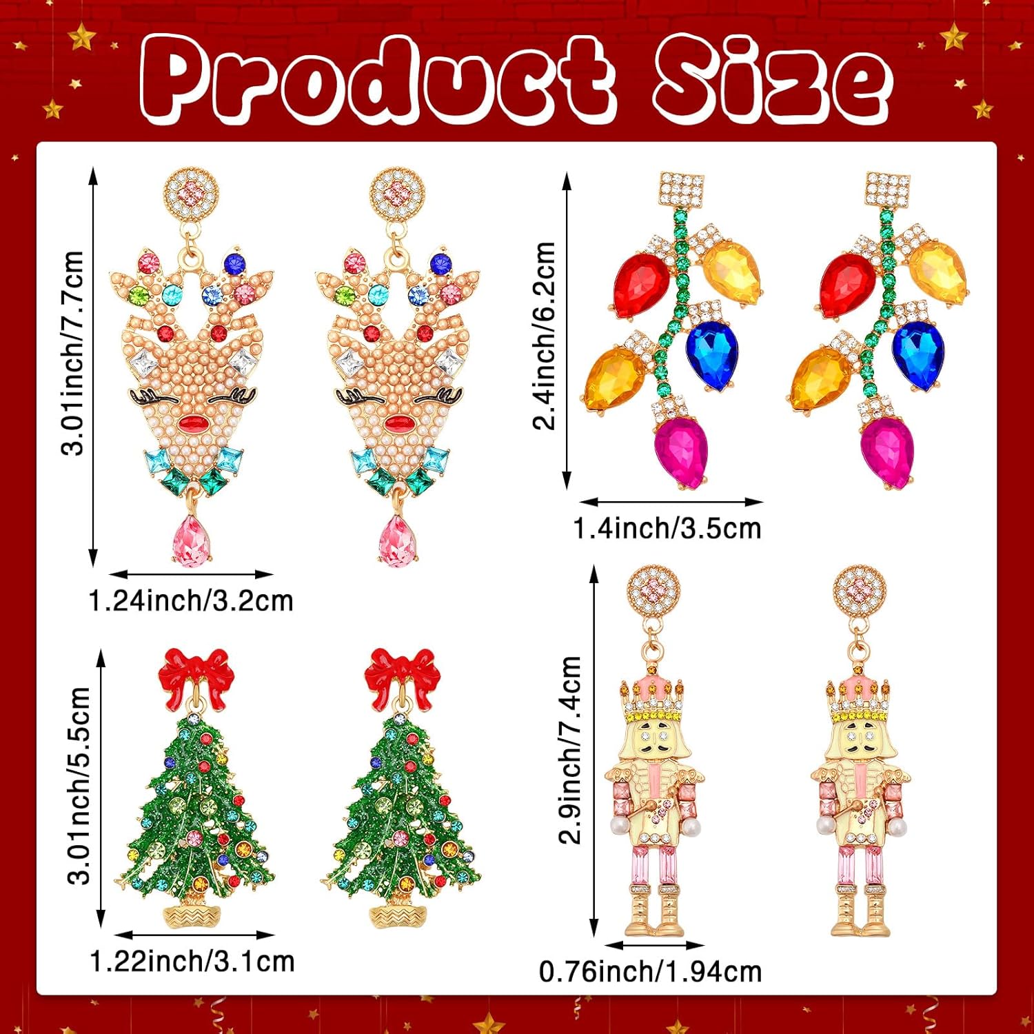 4 Pairs Sparkly Crystal Stud Earrings - Beaded Christmas Tree & Reindeer Drop Dangle Set for Party - QIAO Crystal我的商店QIAO Crystal