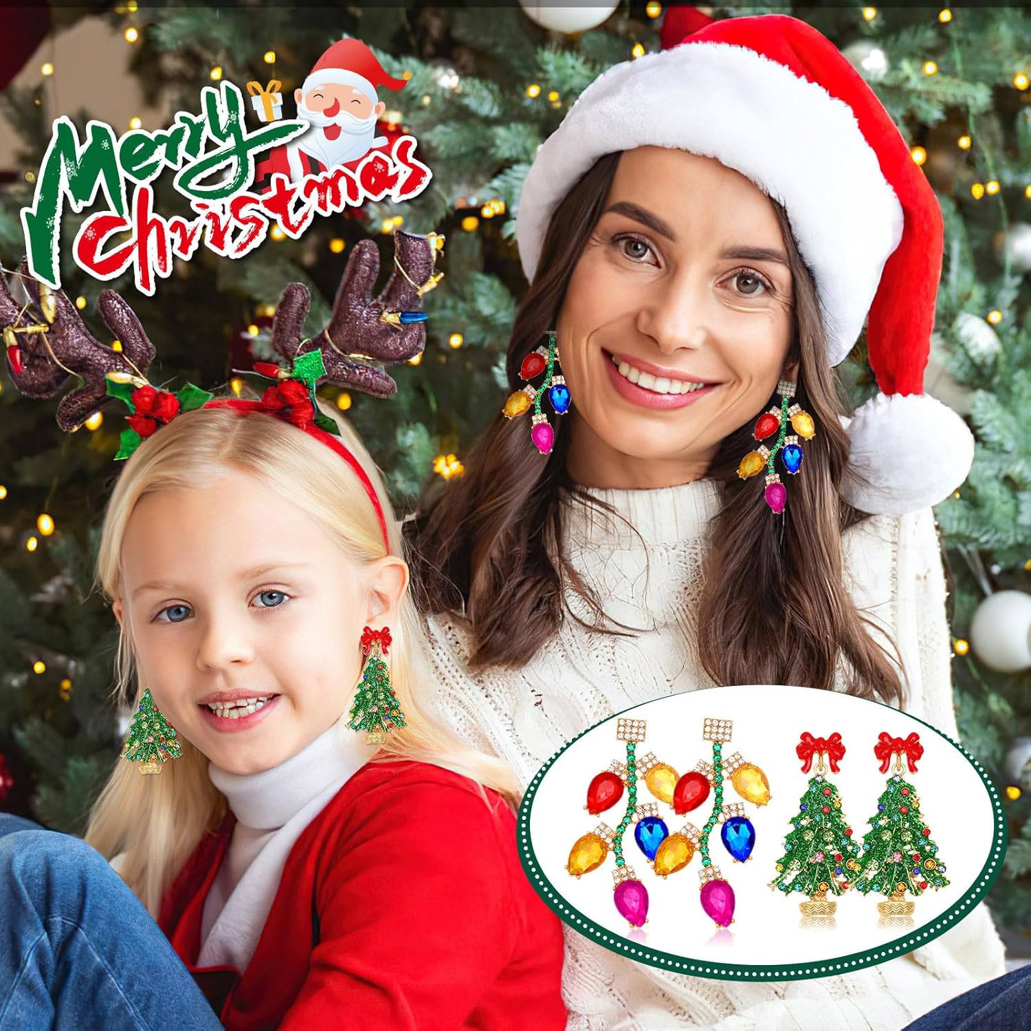 4 Pairs Sparkly Crystal Stud Earrings - Beaded Christmas Tree & Reindeer Drop Dangle Set for Party - QIAO Crystal我的商店QIAO Crystal