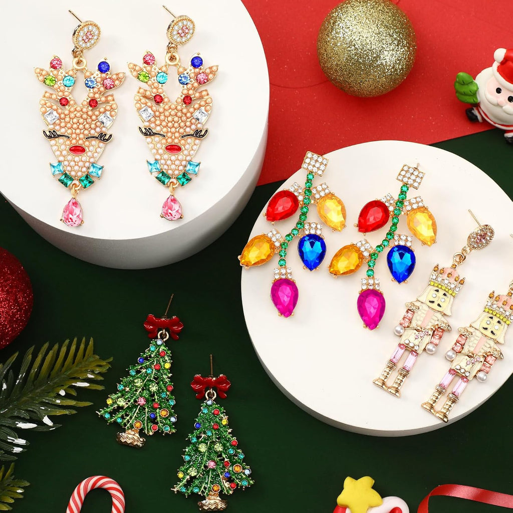 4 Pairs Sparkly Crystal Stud Earrings - Beaded Christmas Tree & Reindeer Drop Dangle Set for Party - QIAO Crystal我的商店QIAO Crystal