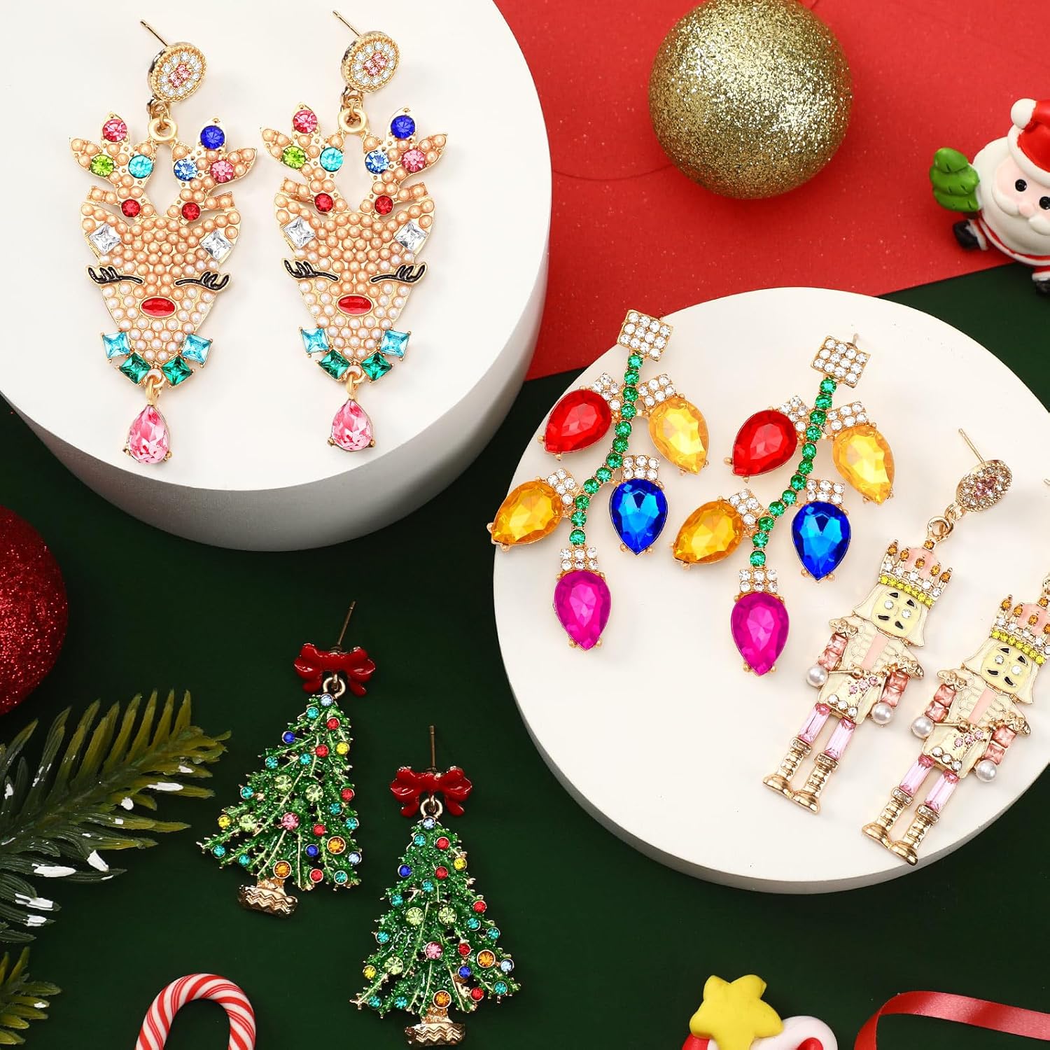 4 Pairs Sparkly Crystal Stud Earrings - Beaded Christmas Tree & Reindeer Drop Dangle Set for Party - QIAO Crystal我的商店QIAO Crystal