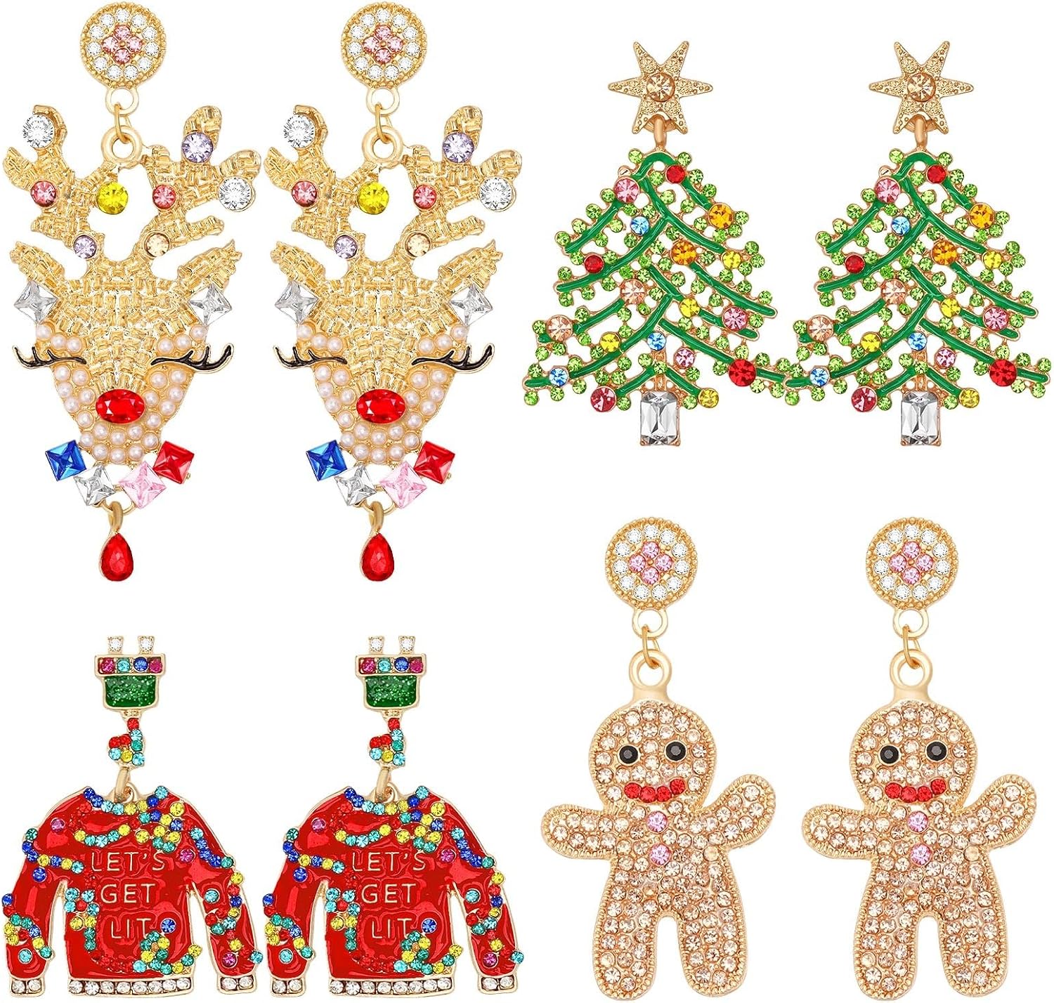 4 Pairs Sparkly Crystal Stud Earrings - Beaded Christmas Tree & Reindeer Drop Dangle Set for Party - QIAO Crystal我的商店QIAO Crystal