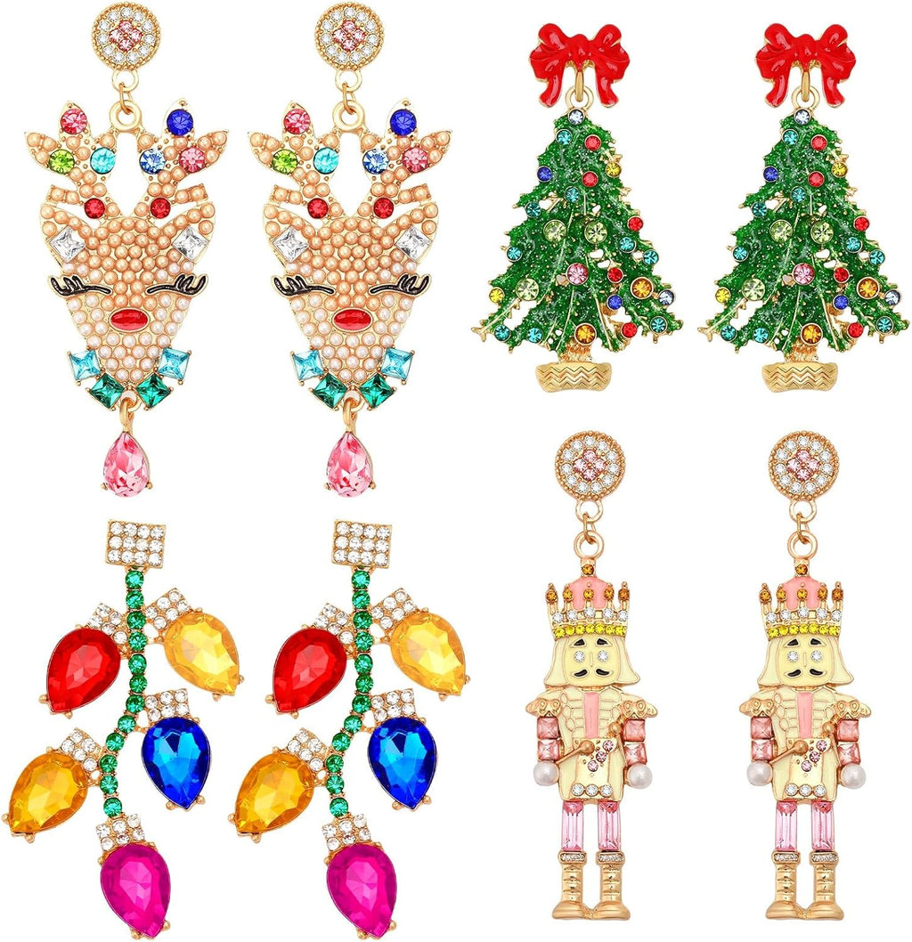 4 Pairs Sparkly Crystal Stud Earrings - Beaded Christmas Tree & Reindeer Drop Dangle Set for Party - QIAO Crystal我的商店QIAO Crystal