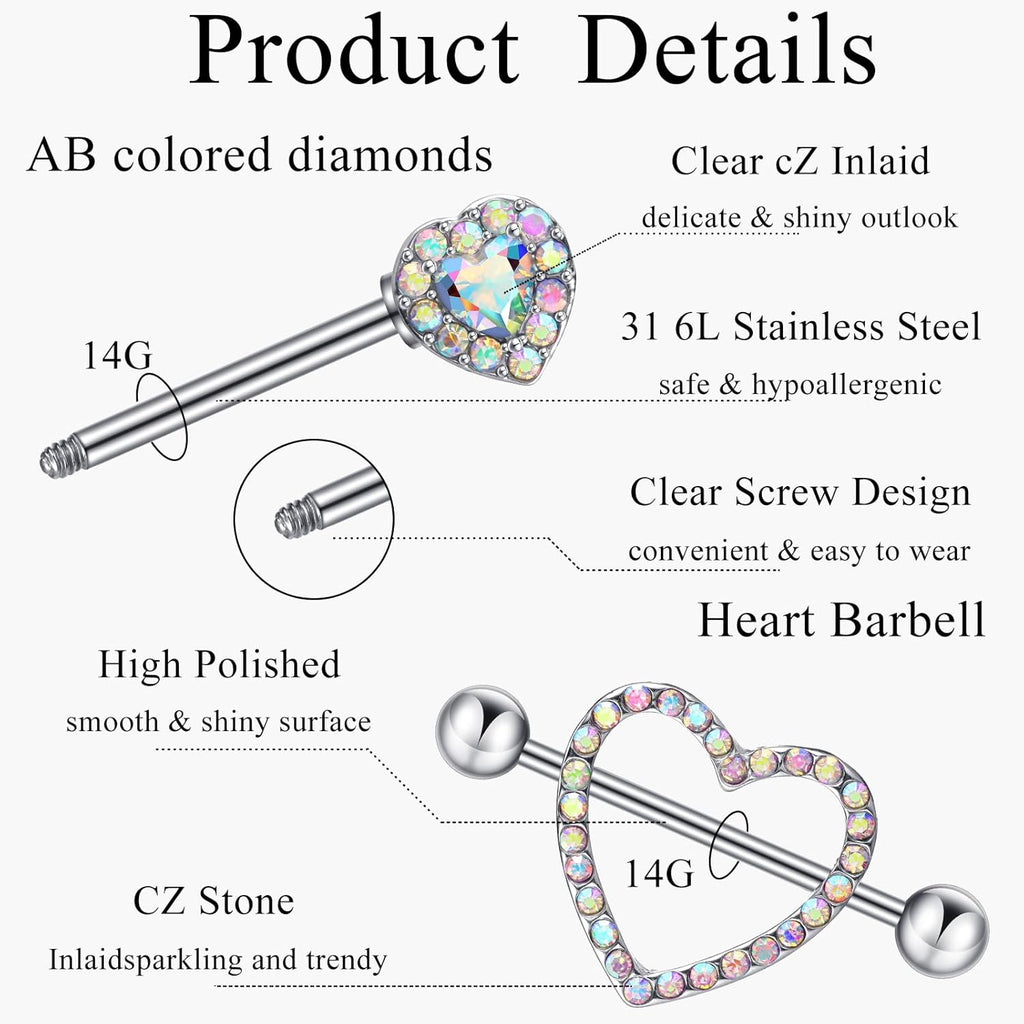 4 Pairs Stainless Steel Nipple Tongue Rings Piercing Body Jewelry Barbell CZ Heart Shape Rings for Women Girls(Silver Bar and AB Color Zirconia) - QIAO CrystalQIAO CrystalQIAO Crystal