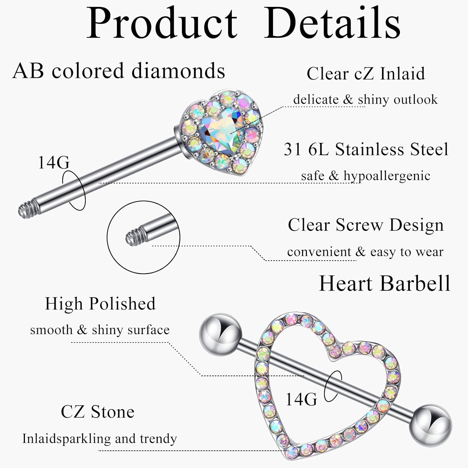 4 Pairs Stainless Steel Nipple Tongue Rings Piercing Body Jewelry Barbell CZ Heart Shape Rings for Women Girls(Silver Bar and AB Color Zirconia) - QIAO CrystalQIAO CrystalQIAO Crystal