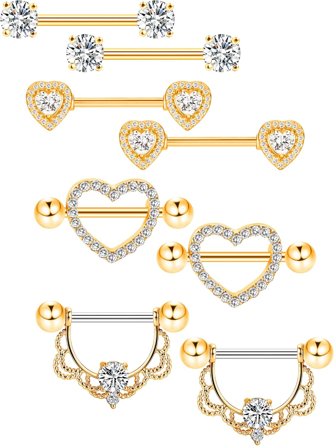 4 Pairs Stainless Steel Nipple Tongue Rings Piercing Body Jewelry Barbell CZ Heart Shape Rings for Women Girls(Silver Bar and AB Color Zirconia) - QIAO CrystalQIAO CrystalQIAO Crystal