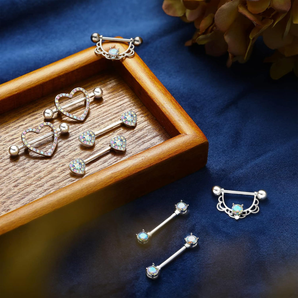 4 Pairs Stainless Steel Nipple Tongue Rings Piercing Body Jewelry Barbell CZ Heart Shape Rings for Women Girls(Silver Bar and AB Color Zirconia) - QIAO CrystalQIAO CrystalQIAO Crystal