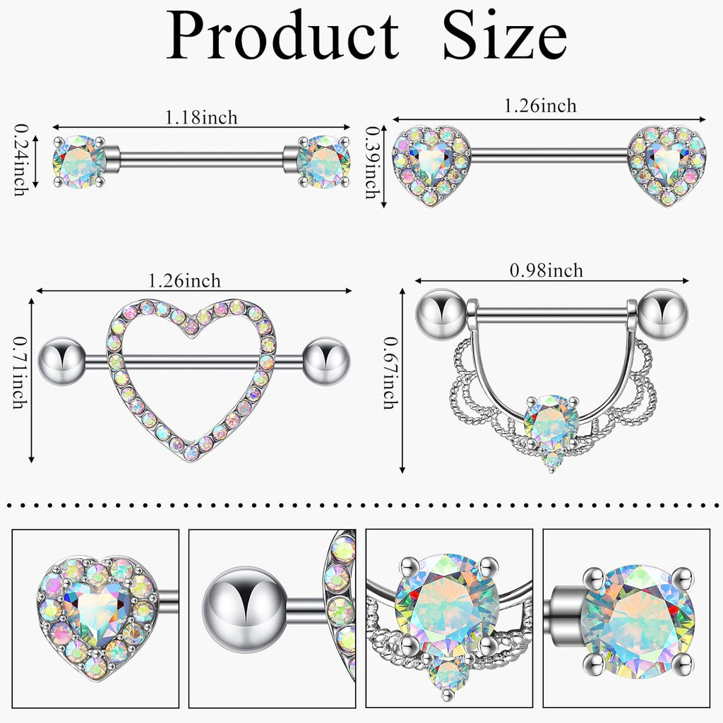 4 Pairs Stainless Steel Nipple Tongue Rings Piercing Body Jewelry Barbell CZ Heart Shape Rings for Women Girls(Silver Bar and AB Color Zirconia) - QIAO CrystalQIAO CrystalQIAO Crystal