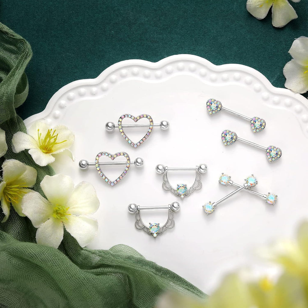 4 Pairs Stainless Steel Nipple Tongue Rings Piercing Body Jewelry Barbell CZ Heart Shape Rings for Women Girls(Silver Bar and AB Color Zirconia) - QIAO CrystalQIAO CrystalQIAO Crystal