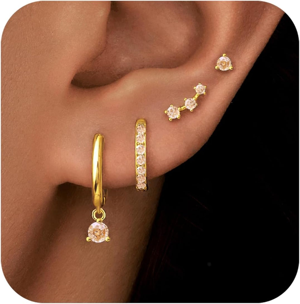 4 Pairs Stud Hoop Earrings Set for Women, Trendy Dangle Jacke Stacks for Multiple Piercing, Hypoallergenic Cartilage Jewelry Gifts - 我的商店我的商店我的商店