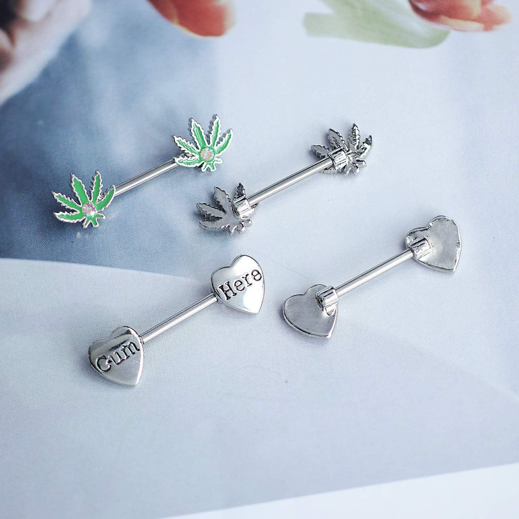4 Pcs 14G Marijuana Leaf Nipple Rings Surgical Steel and Letter Letter Set Nipple Barbell for Women Men Body Piercing - QIAO CrystalQIAO CrystalQIAO Crystal