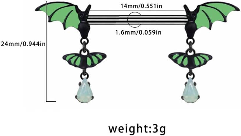 14G Green Bat Dangle Nipple Rings for Women 316L Stainless Steel Glow-In-The-Dark Nipplerings Nipple Studs Barbell Halloween Statement Nipple Piercing Jewelry