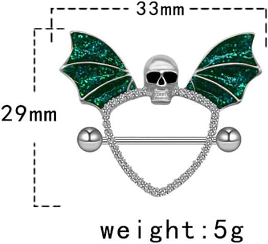 14G Green Bat Skull Nipple Rings for Women Surgical Stainless Steel Skeleton Nipplerings Nipple Studs Barbells Halloween Body Piercing Jewelry