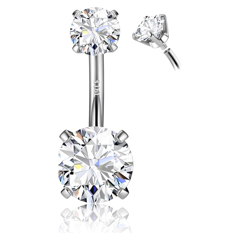 14G Surgical Steel G23 Titanium Sterling Silver 14K Gold Plated Belly Button Rings for Women Round Cubic Zirconia Navel Barbell Stud Hypoallergenic Body Piercing Jewelry